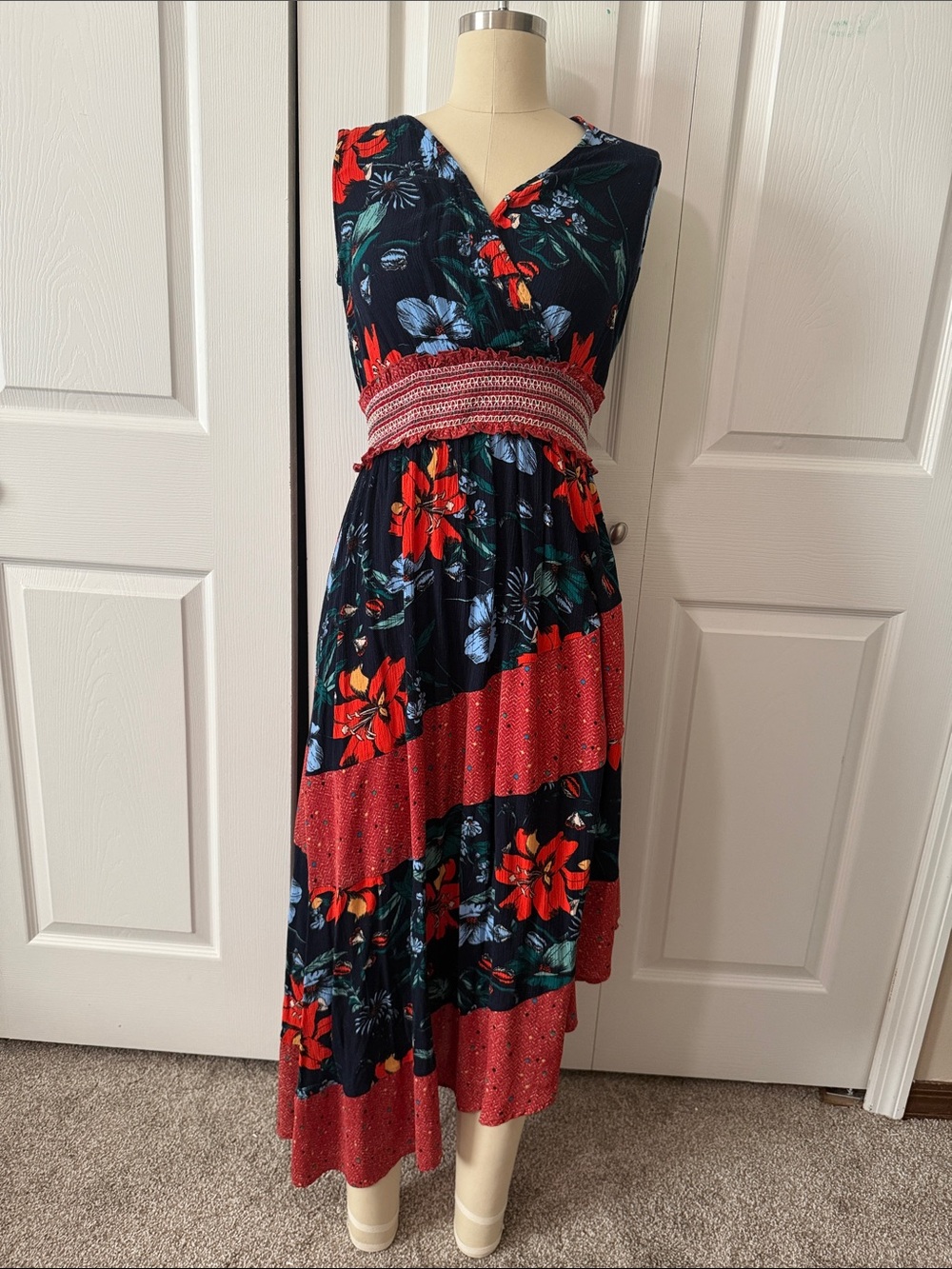 Asymmetrical Navy Dress with Red Floral Panels